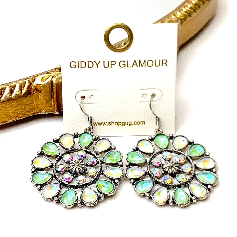 Women’s simple earrings-Desert Daisy Silver Tone Flower Concho Drop Earrings in Green and Ivory