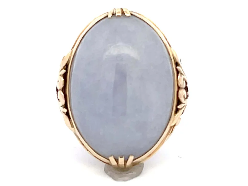 Women’s halo rings-Mings Bluish Grey Oval Jade Ring in 14k Yellow Gold