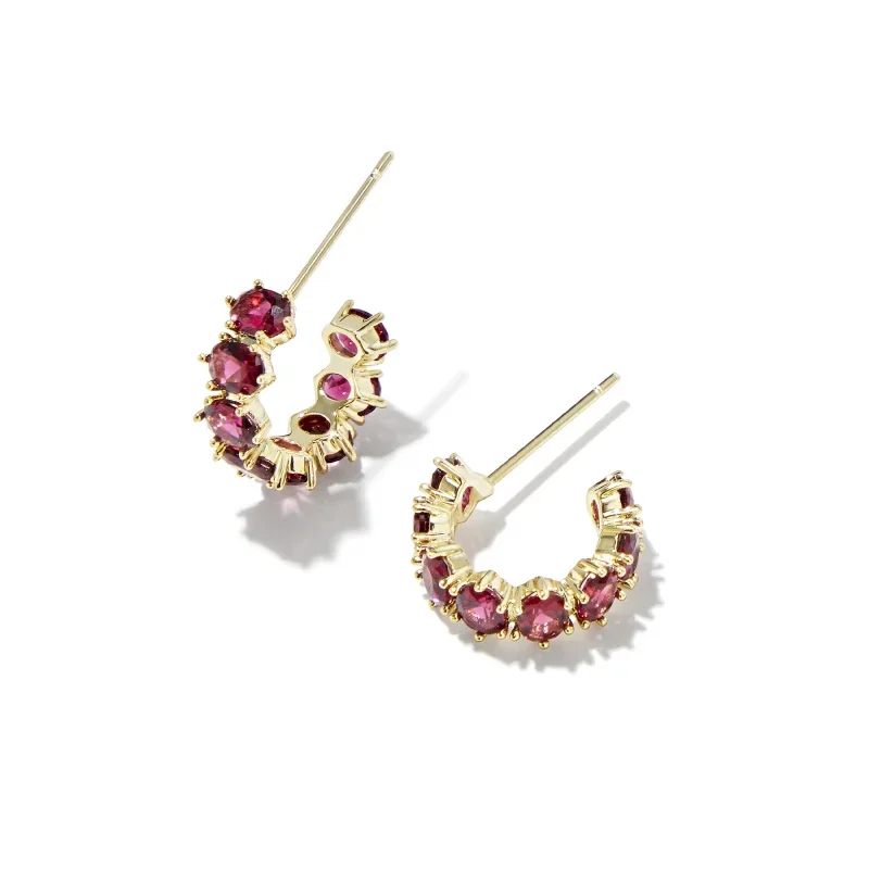 Women’s rose gold earrings-Kendra Scott | Cailin Gold Crystal Huggie Earrings in Burgundy Crystal