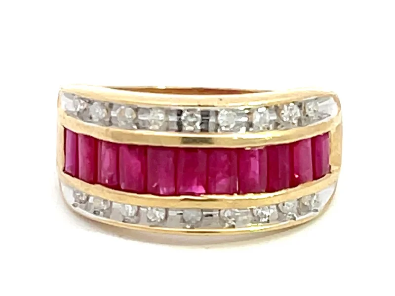 Women’s square rings-Baguette Ruby and Diamond Border Triple Row Wide Band Ring in 14k Yellow Gold