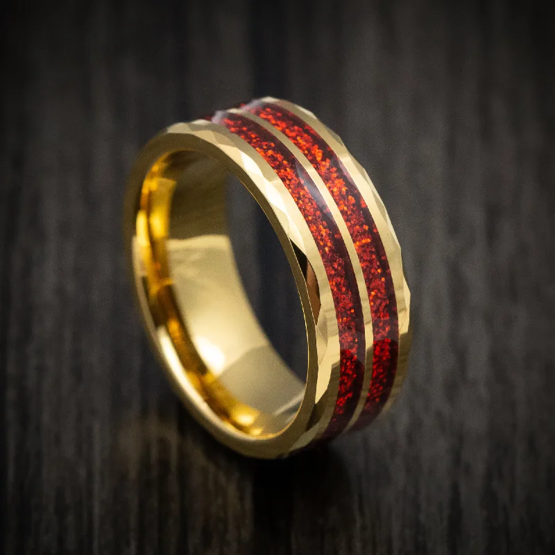 Yellow Gold Tungsten Men's Ring with Red Spark Inlay Custom Made Band