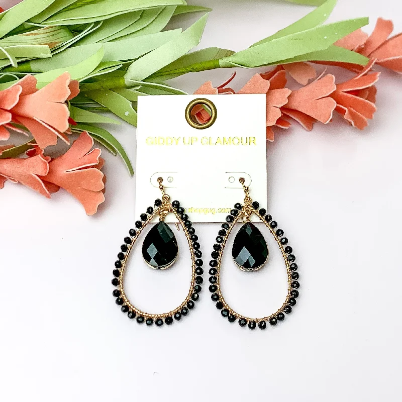 Women’s fashion drop earrings-Black Stone Inside Open Beaded Teardrop Earrings with Gold Tone Outline