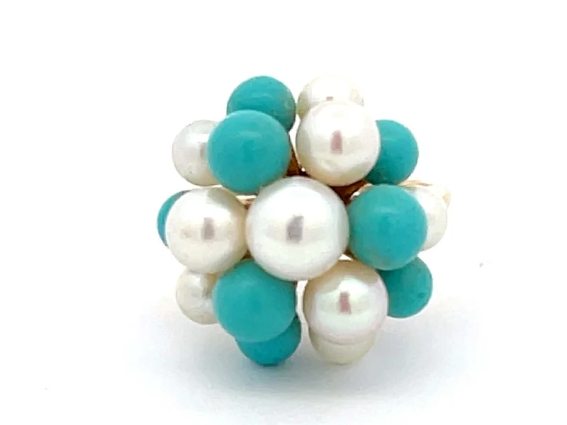 Women’s chunky rings-Mings Turquoise and Pearl Ring in 14k Yellow Gold