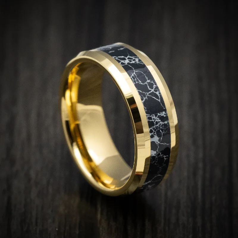 Yellow Gold Tungsten Men's Ring with Black Turquoise Inlay