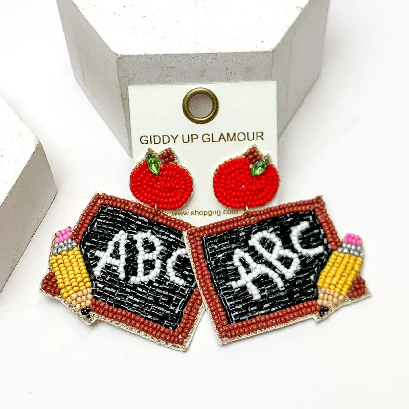 Women’s sparkly earrings-ABC Chalkboard Beaded Earrings With Red Apple Posts