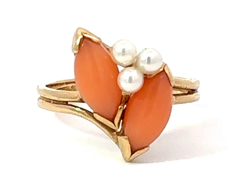 Women’s statement gemstone rings-Marquise Angel Skin Coral and Pearl Ring 14k Yellow Gold