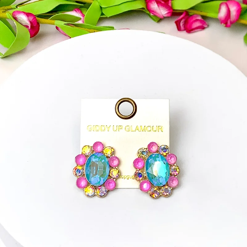 Women’s custom earrings-Elegant Echoes Gold Tone Oval Concho Stud Earrings in Turquoise Blue and Pink