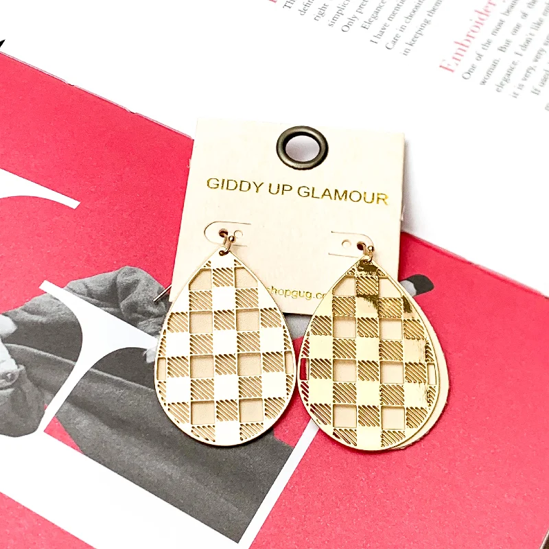 Women’s customized earrings-Double Layered Gold Tone Gingham Teardrop Earrings