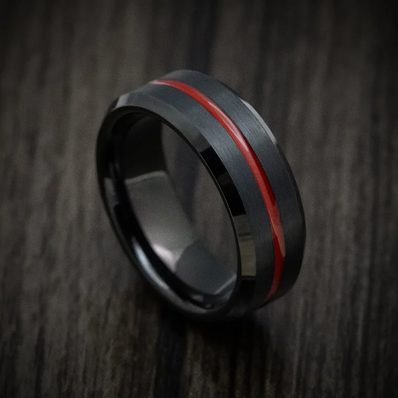 Black Tungsten Men's Ring with Red Line Inlay