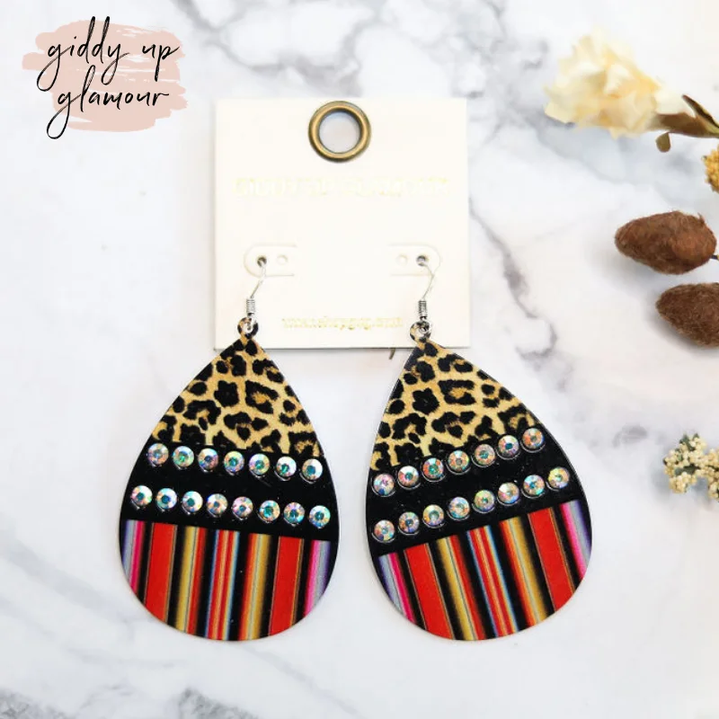 Women’s customized earrings-Color Block Teardrop Earrings With Leopard Print and Serape in Black