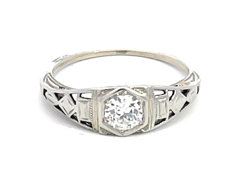 Women’s rose gold rings-Old European Cut Diamond Art Deco Ring in 18k White Gold