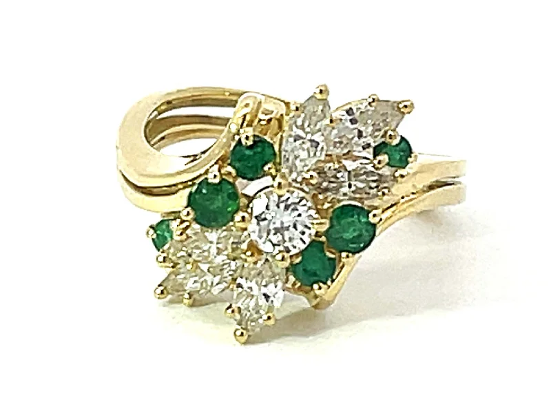 Women’s custom diamond rings-Green Emerald and Diamond Waterfall Ring in 18k Yellow Gold