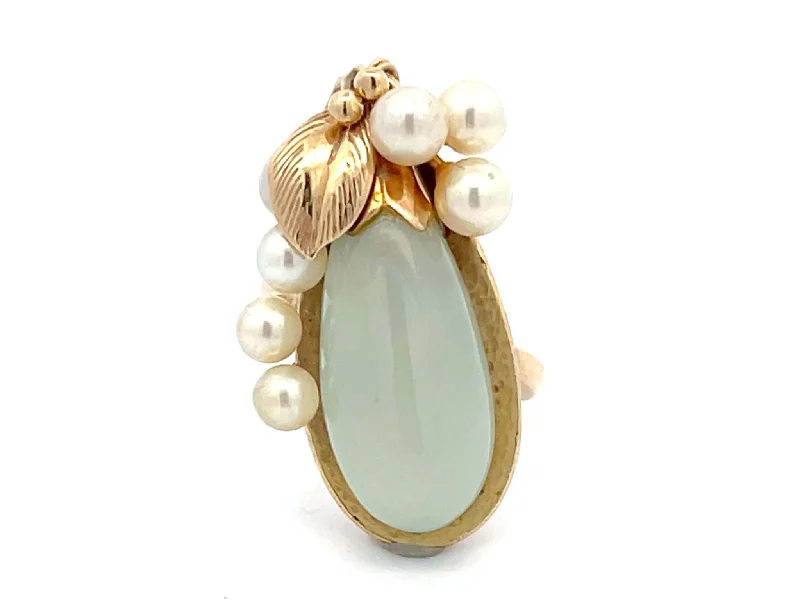 Women’s gemstone rings-Mings Eggplant Shaped Jade and Pearl Leaf Ring in 14k Yellow Gold