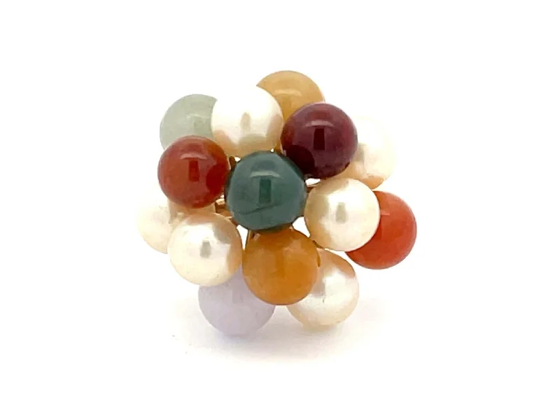 Women’s antique rings-Mings Pearl and Colorful Jade Ring in 14k Yellow Gold