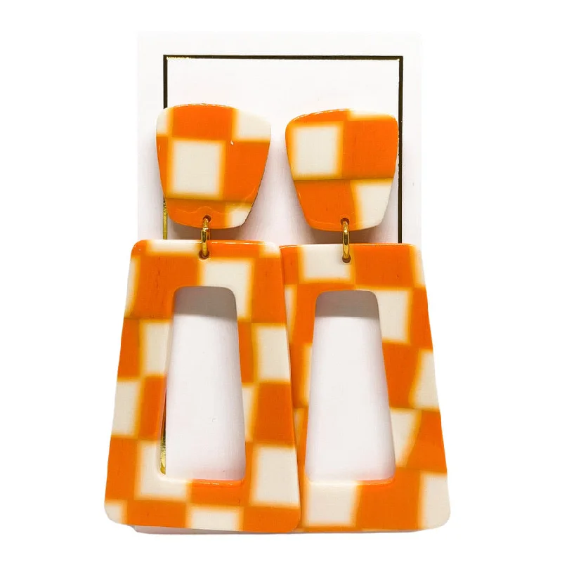 Women’s pearl stud earrings-Linny Co | Kennedy Rectangular Drop Earrings in Orange Checker