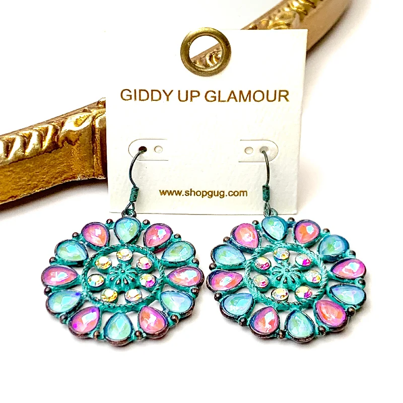 Women’s crystal earrings-Desert Daisy Patina Tone Flower Concho Drop Earrings in Pink and Turquoise