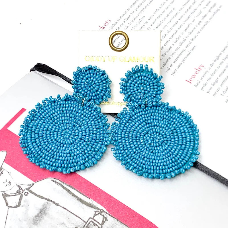 Women’s dangle earrings-Circle Drop Two Tiered Beaded Earrings in Teal Blue