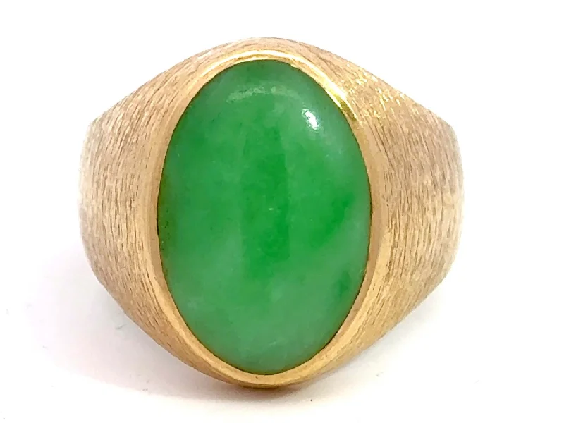 Women’s halo ruby rings-Oval Cabochon Green Jade Ring Satin Finish 14K Yellow Gold