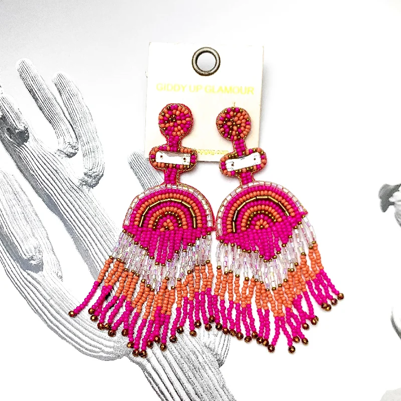 Women’s gemstone earrings-Balcony Views Seed Bead Fringe Earrings in Fuchsia Pink