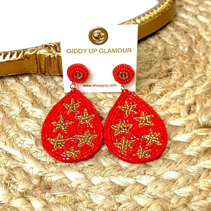 Women’s celestial earrings-Beaded Teardrop Dangle Earrings with Stars in Red and Gold