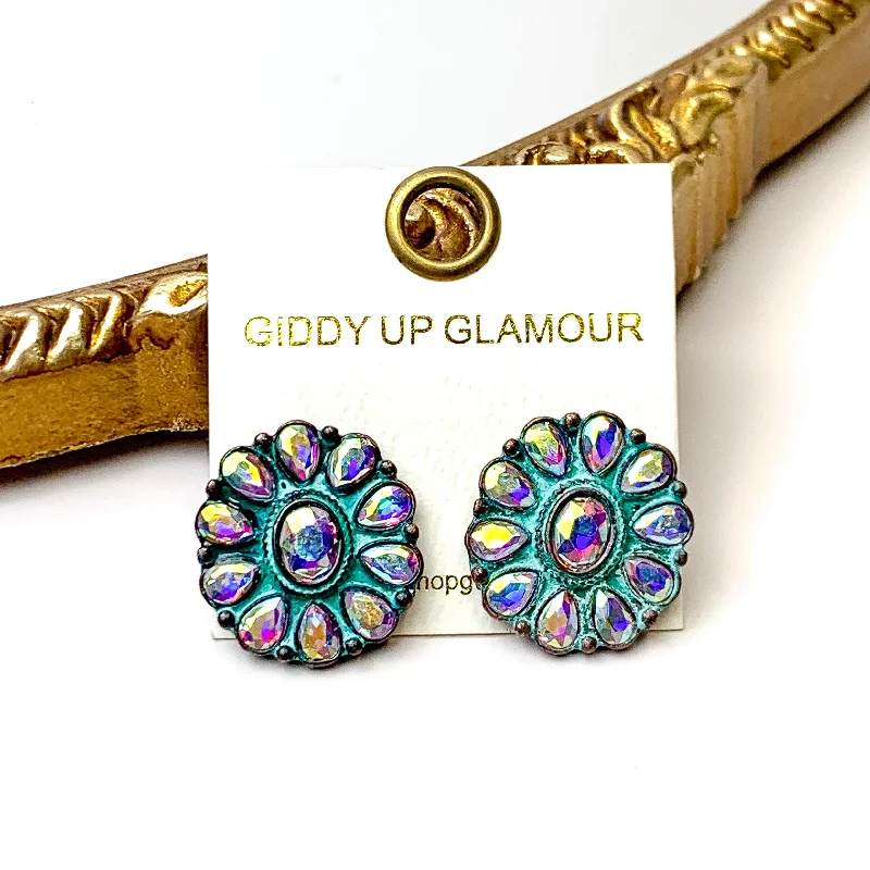 Women’s gold stud earrings-Prismatic Petal AB Stone Flower Concho Stud Earrings in Patina Tone