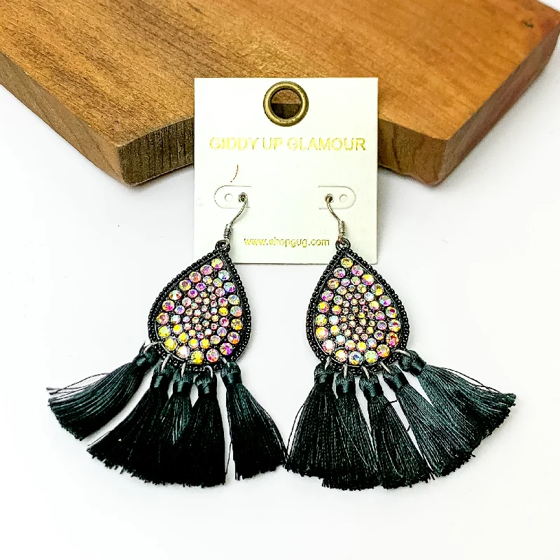 Women’s chandelier earrings-AB Crystal Teardrop Earrings with Tassel Trim in Black