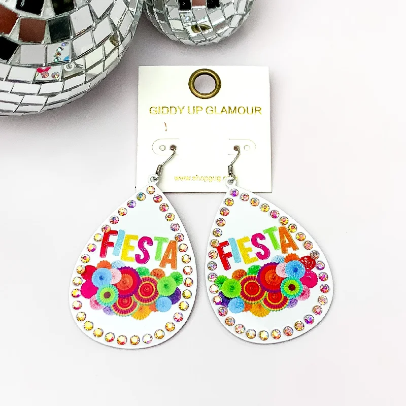 Women’s pearl stud earrings-Fiesta Teardrop Earrings with AB Crystal Outline in White