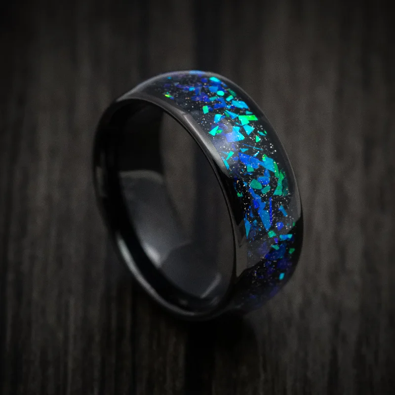 Black Tungsten Men's Ring with Opal and Abalone Inlay