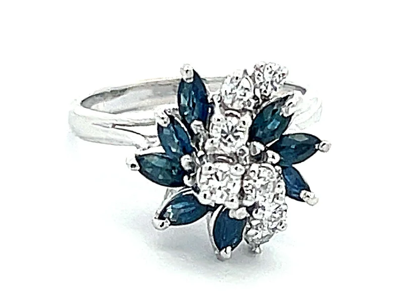 Women’s stacking engagement rings-Marquise Sapphire and Diamond Flower Ring in 14k White Gold