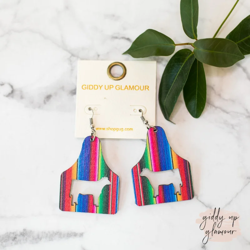 Women’s small earrings-Cattle Tag Wooden Out Earrings in Serape