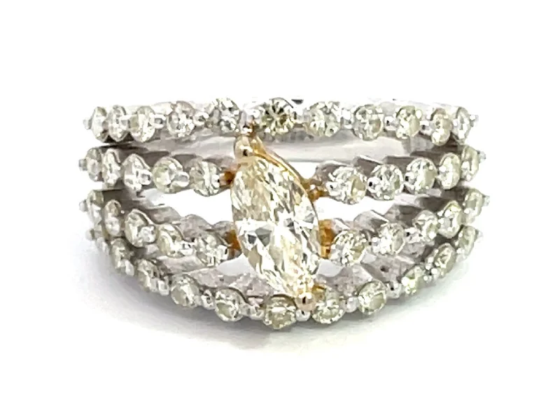 Women’s fashion gemstone rings-Four Row Diamond Band with Yellow Marquise Diamond Center Ring in 18k White Gold