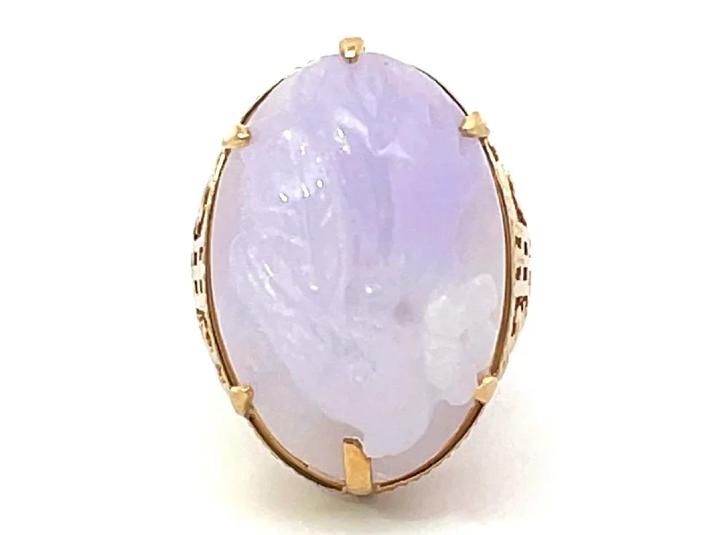 Women’s silver gemstone rings-Mings Bird and Flower Carved Lavender Jade Ring 14k Yellow Gold