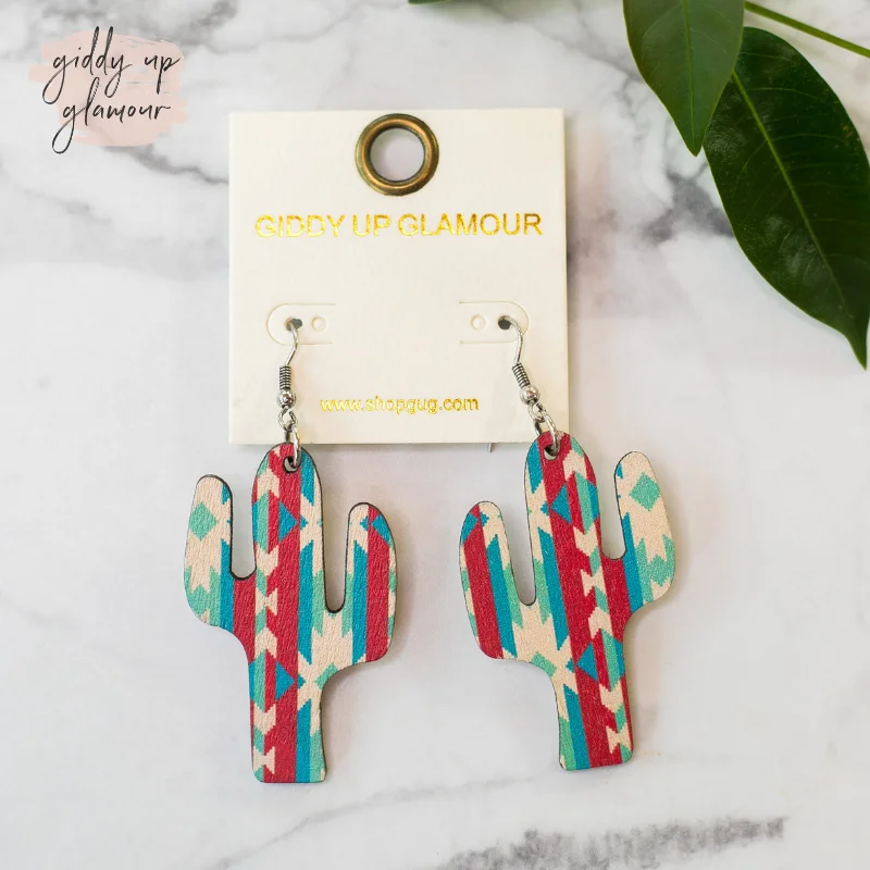 Women’s long drop earrings-Cactus Wooden Earrings in Turquoise and Red Aztec