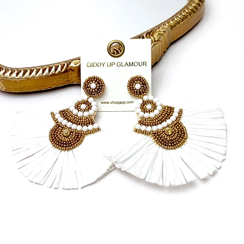 Women’s sparkling earrings-Seed Beaded Drop Earrings with Raffia Fringe in Gold and Ivory