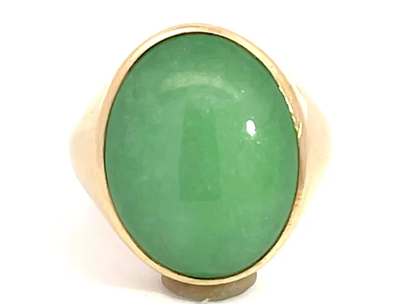 Women’s precious stone rings-Oval Cabochon Green Jade Ring in 14K Yellow Gold