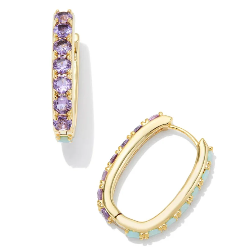 Women’s floral earrings-Kendra Scott | Chandler Gold Hoop Earrings in Green Lilac Mix