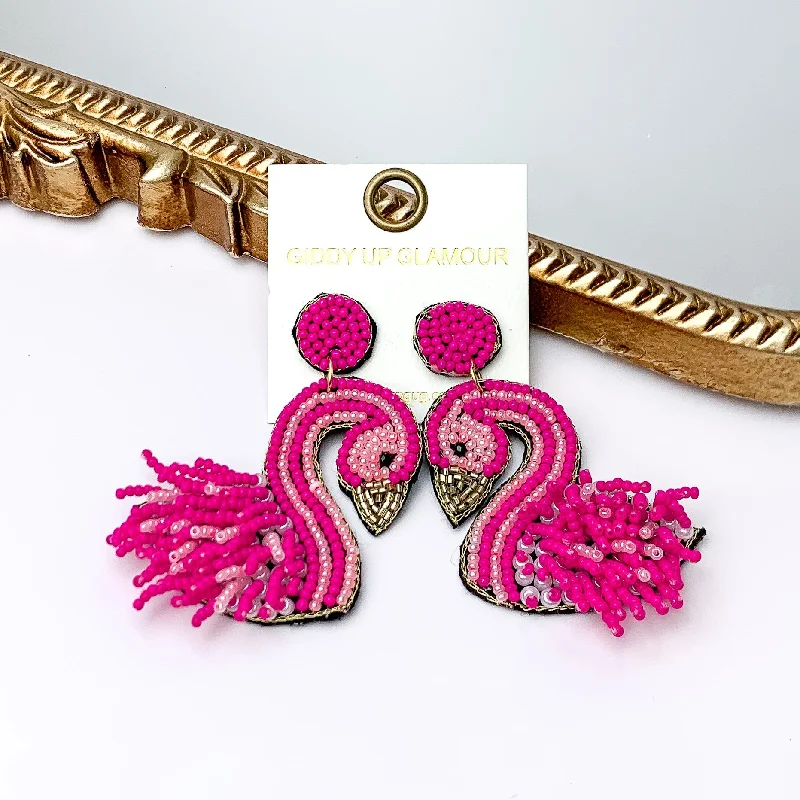 Women’s diamond earrings-Flamingo Seed Bead Earrings in Fuchsia