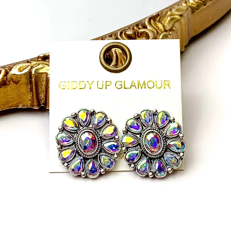 Women’s colorful earrings-Prismatic Petal AB Stone Flower Concho Stud Earrings in Silver Tone