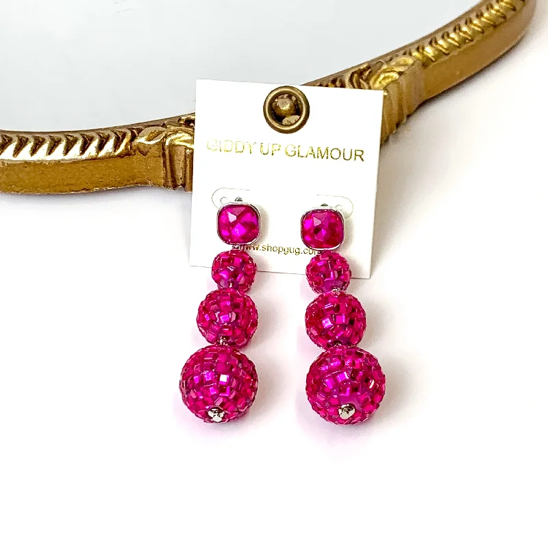 Women’s asymmetrical earrings-Cushion Crystal Post Disco Ball Dangle Earrings in Fuchsia Pink