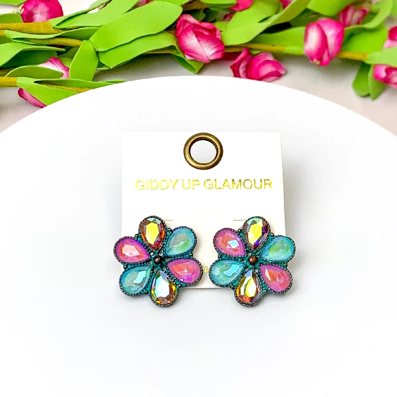 Women’s teardrop earrings-Petal Perfection Patina Tone Flower Stud Earrings in Pink and Turquoise