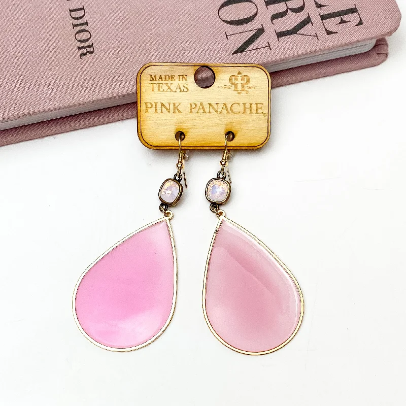 Women’s flower stud earrings-Pink Panache | Rose Water Opal Cushion Cut Drop Earrings with Pink Acrylic Teardrop Pendant