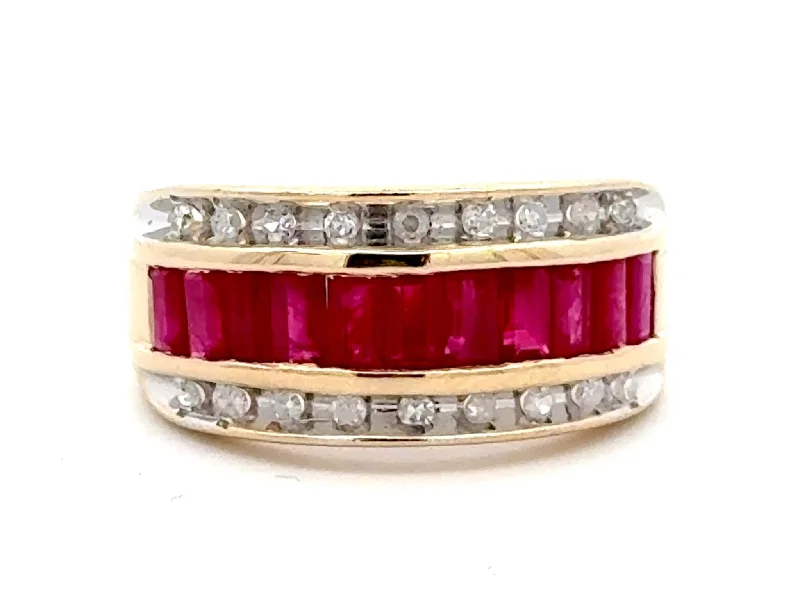 Women’s antique rings-Baguette Ruby Center and Double Diamond Row Ring 14k Yellow Gold