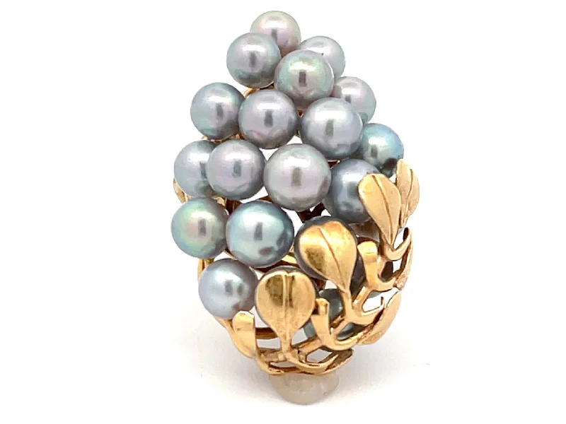 Women’s adjustable rings-Mings Large Silver Pearl and Leaf Ring in 14k Yellow Gold