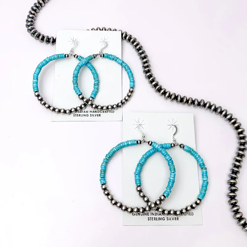 Women’s personalized earrings-Navajo | Navajo Handmade Sterling Silver Navajo Pearl Hoop Earrings with Turquoise Stones