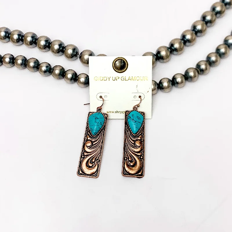 Women’s round earrings-Western Swirl Copper tone Rectangular Earrings With Turquoise Blue Stone