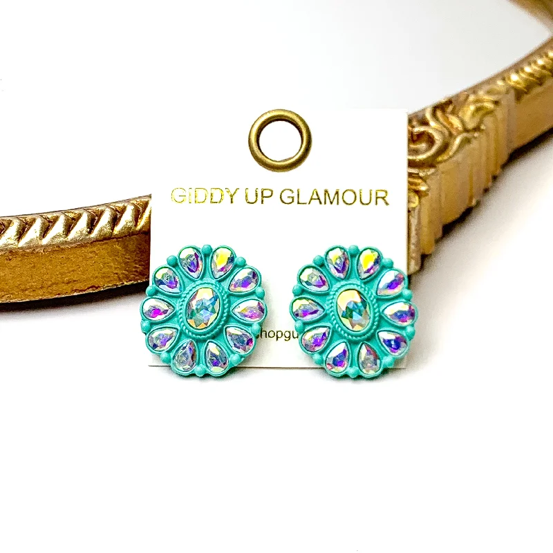 Women’s teardrop earrings-Prismatic Petal AB Stone Flower Concho Stud Earrings in Turquoise