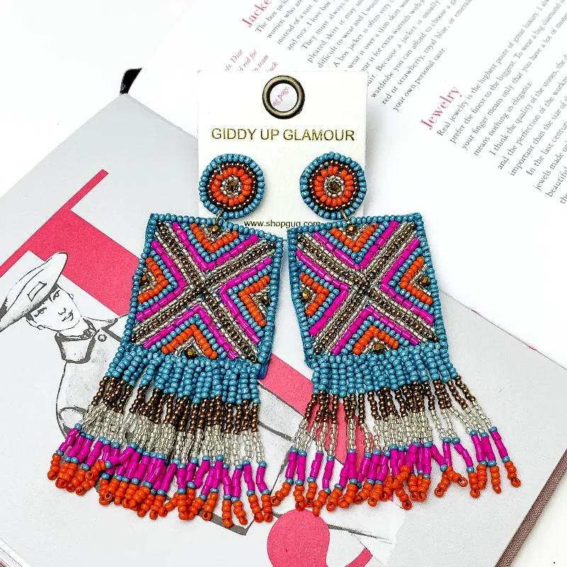 Women’s gemstone drop earrings-Coastal Living Beaded Square Drop Earrings with Beaded Fringe in Blue Multi