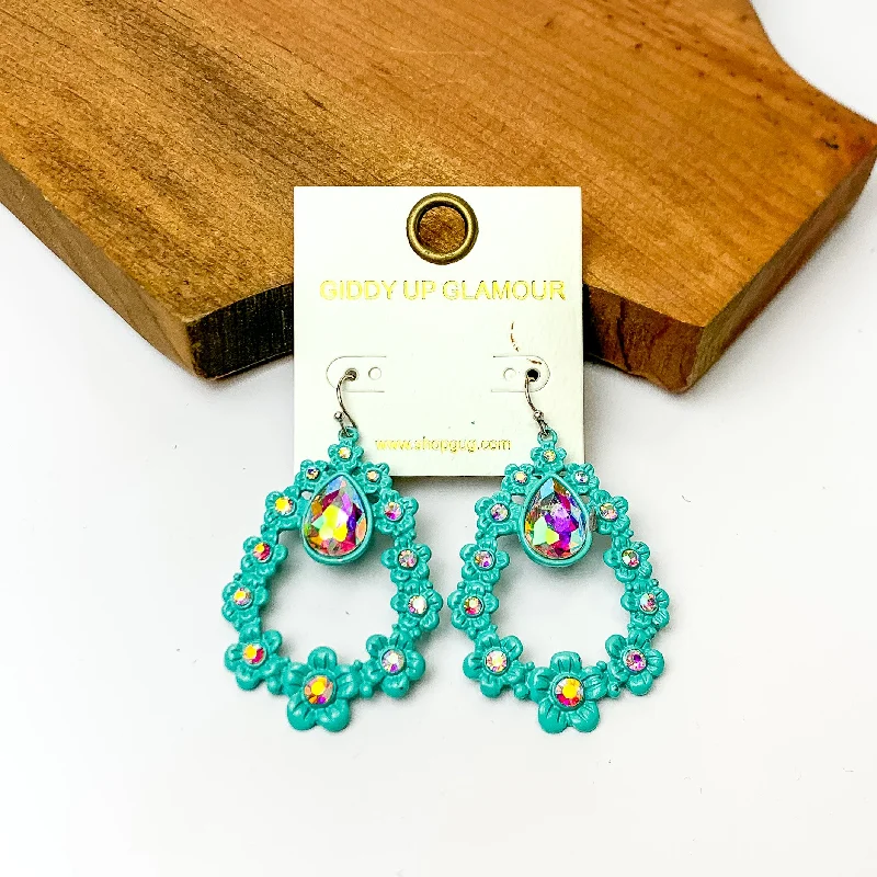 Women’s minimalist earrings-Turquoise Open Drop Flower Earrings with AB Crystals