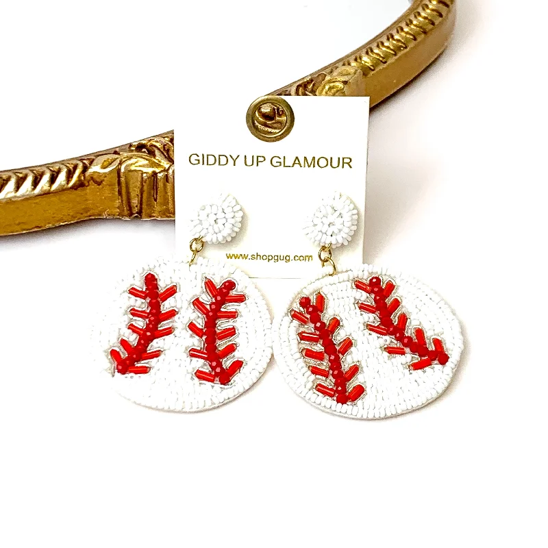 Women’s diamond stud earrings-Baseball Seed Beaded Earrings in White and Red