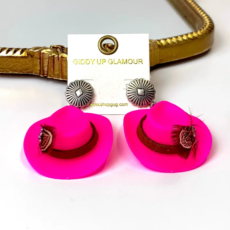 Women’s designer earrings-Fuchsia Pink Cowboy Hat and Feather Drop Earrings